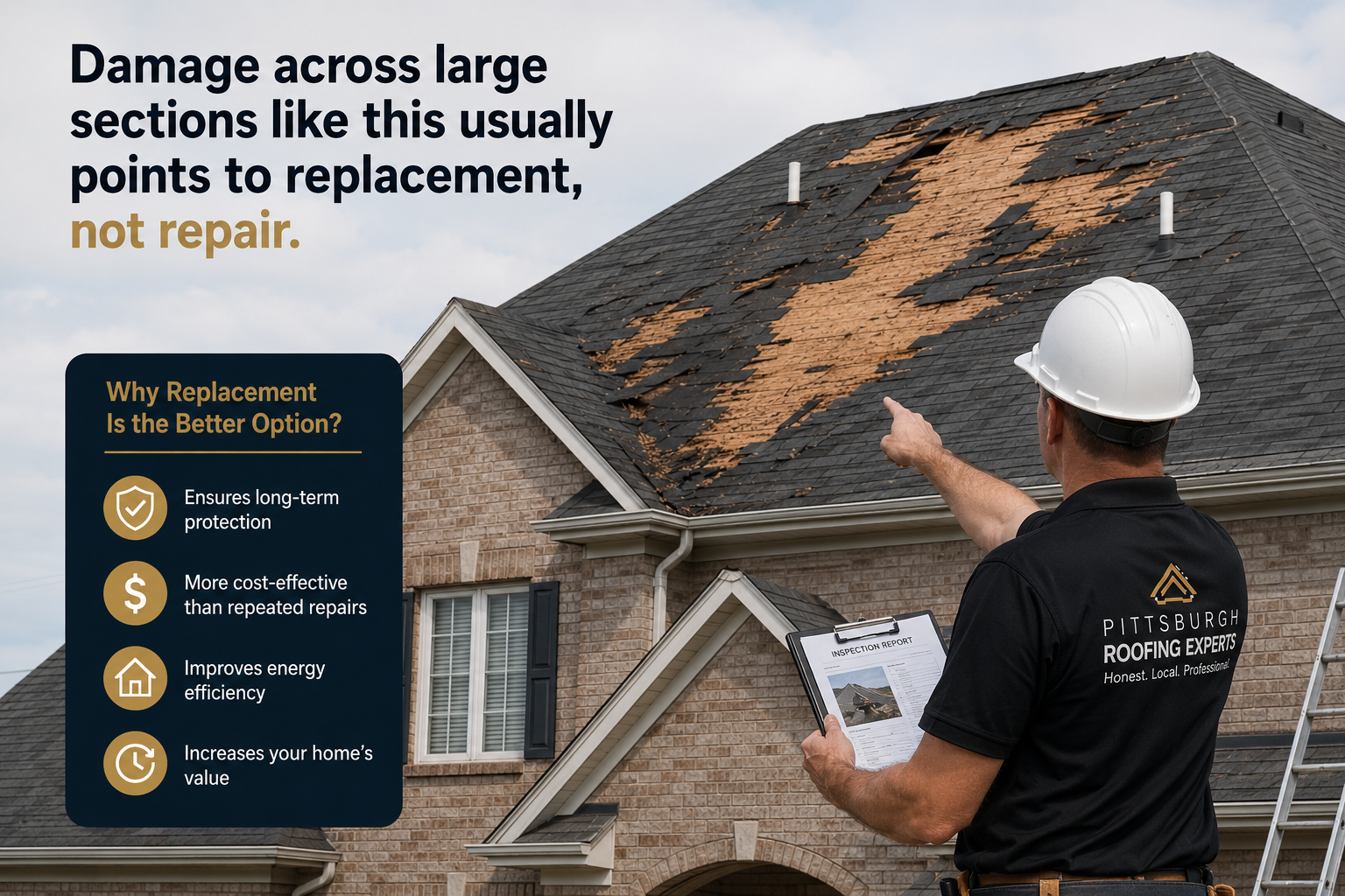 Widespread shingle damage on a Pittsburgh roof that needs full replacement rather than repair