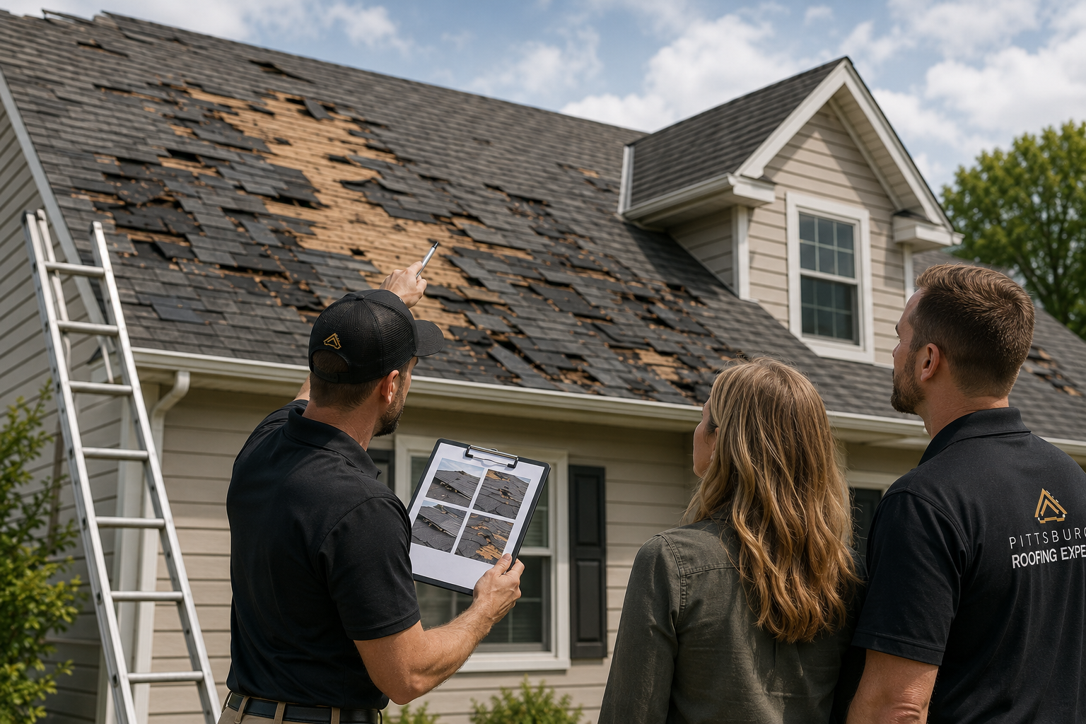 Roofer inspecting a Pittsburgh roof to decide between repair and replacement