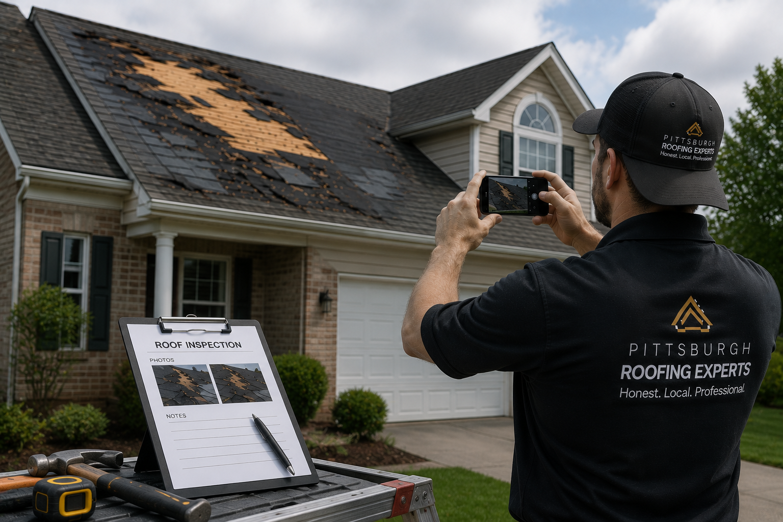 Homeowner photographing storm damage on a roof to document a Pennsylvania insurance claim