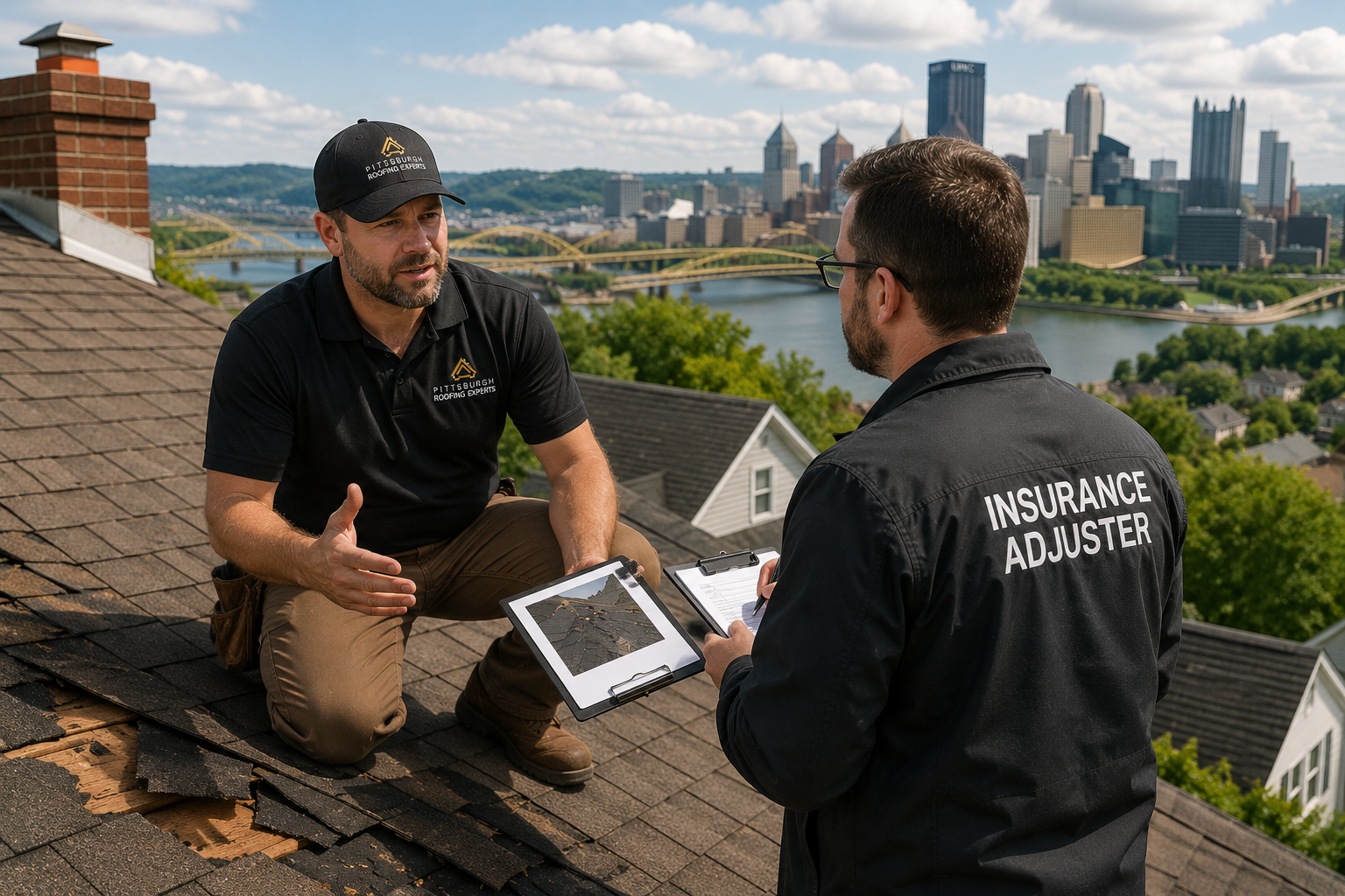 Roofer meeting an insurance adjuster on a Pittsburgh roof during a claim inspection