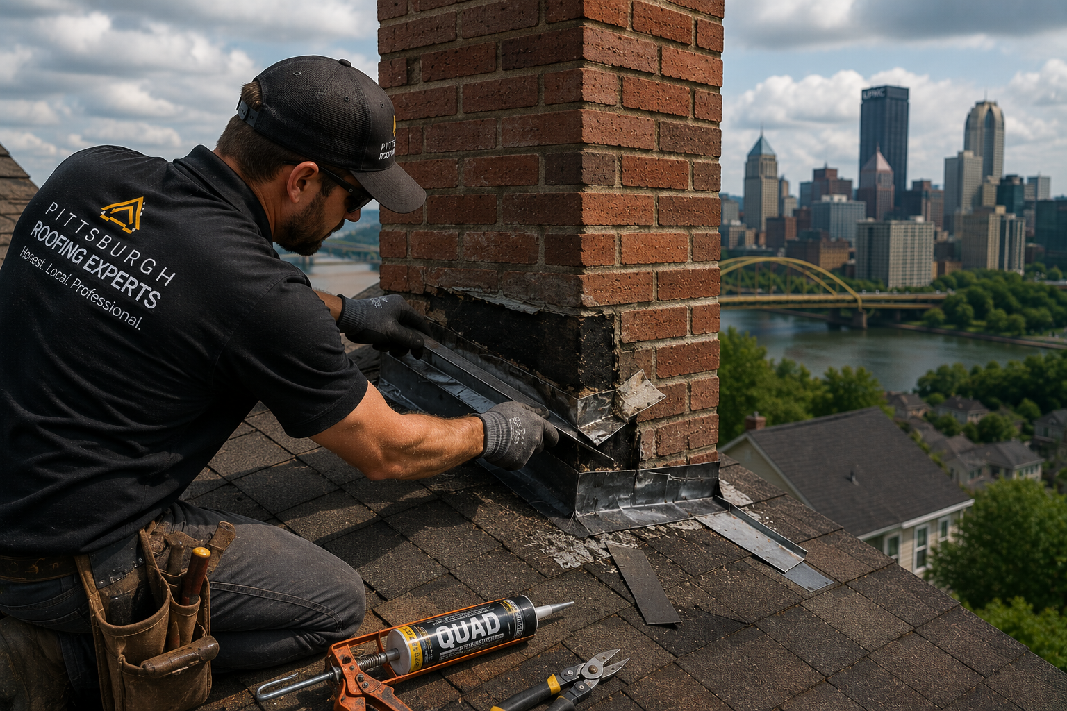 Damaged roof flashing around a chimney being repaired on a Pittsburgh home