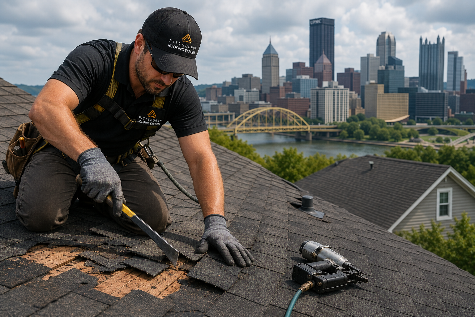 Roofer repairing damaged shingles on a Pittsburgh home roof