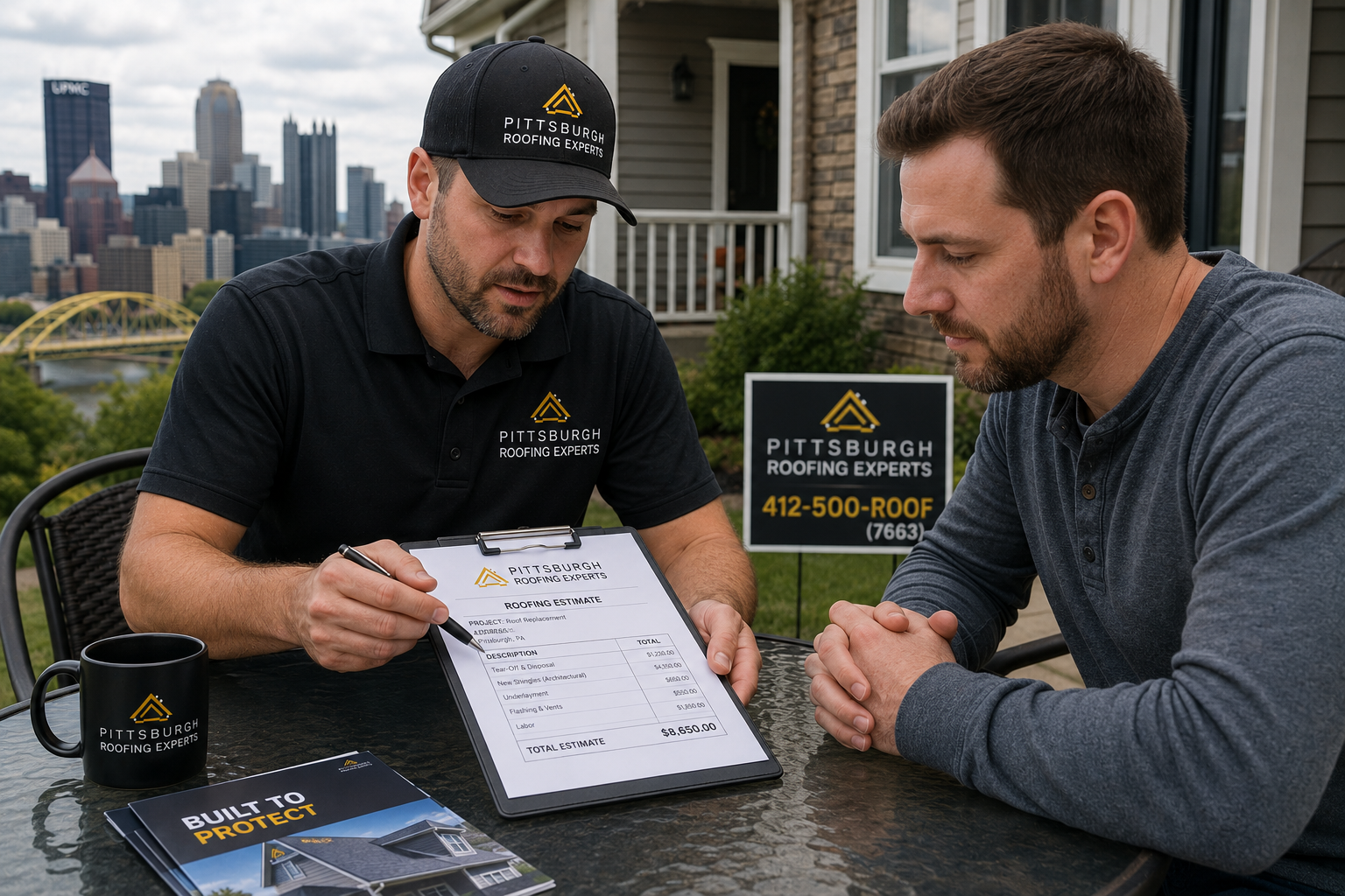 Professional Pittsburgh roofing contractor reviewing an estimate with a homeowner
