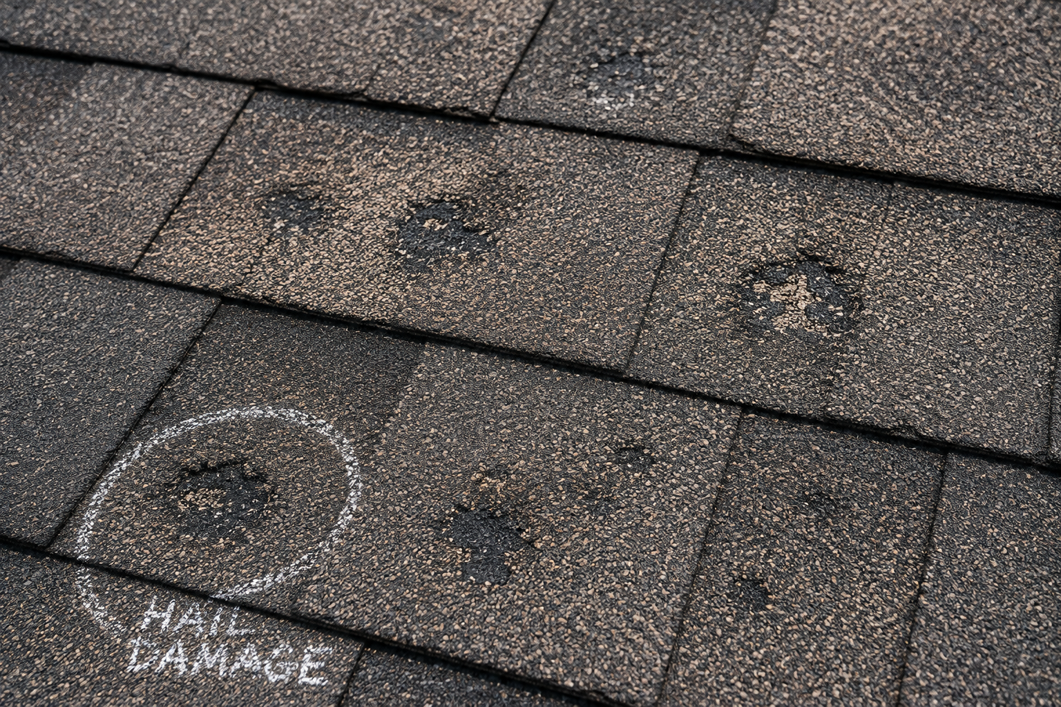 Close-up of hail damage on an asphalt shingle roof showing bruised spots and knocked-off granules