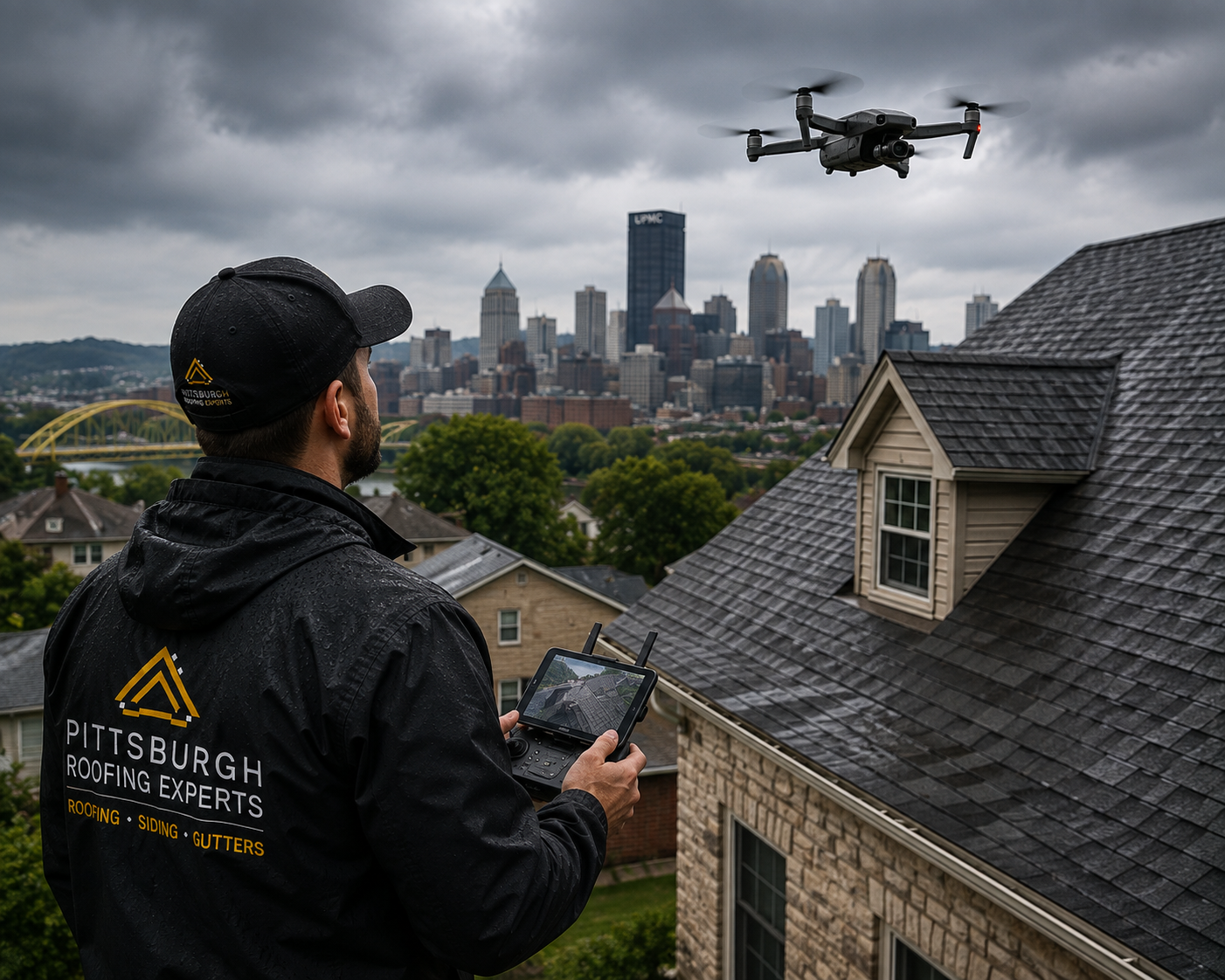 Roofer performing a drone hail inspection on a Pittsburgh home after a storm