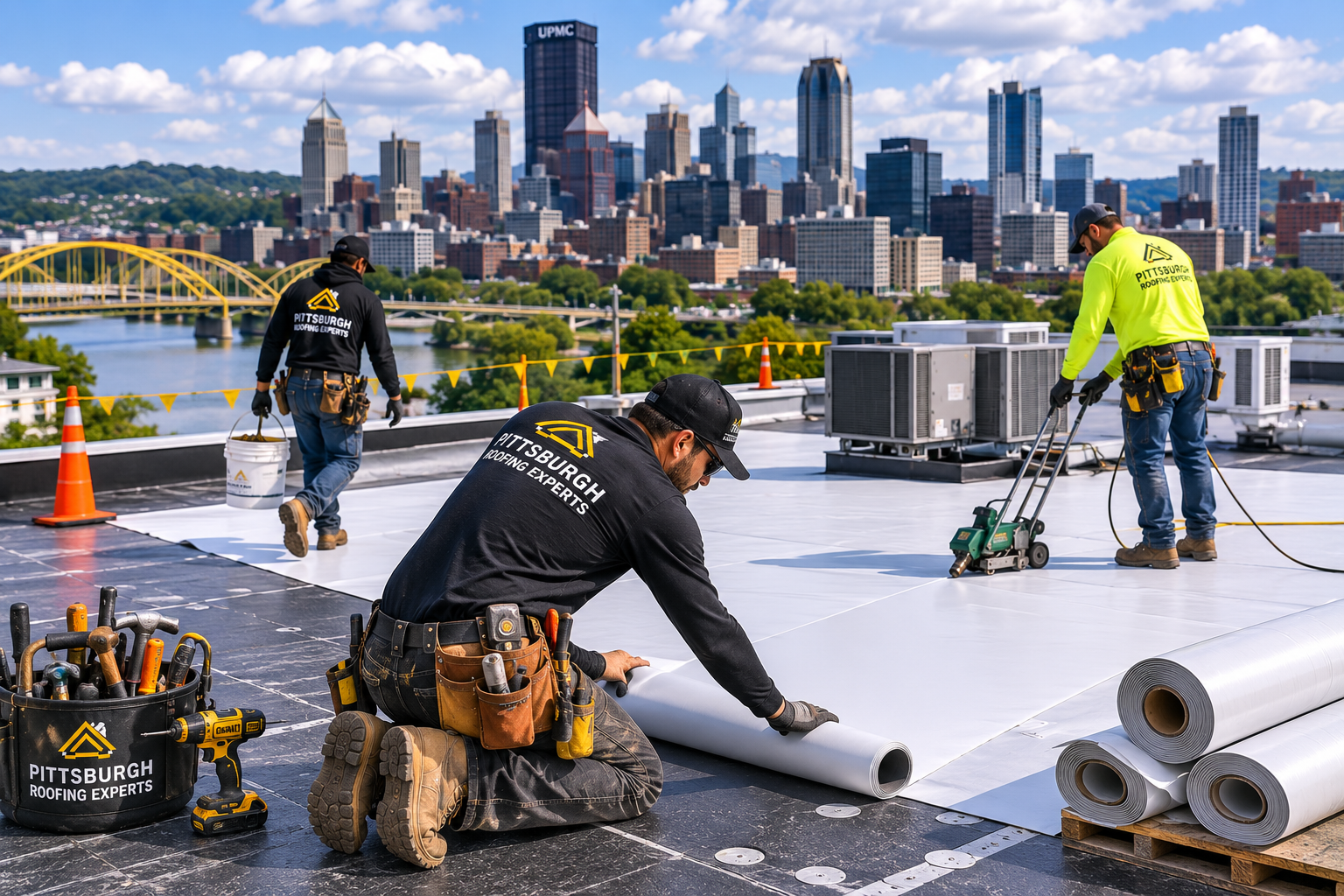 Commercial TPO flat roof replacement on a Pittsburgh business building