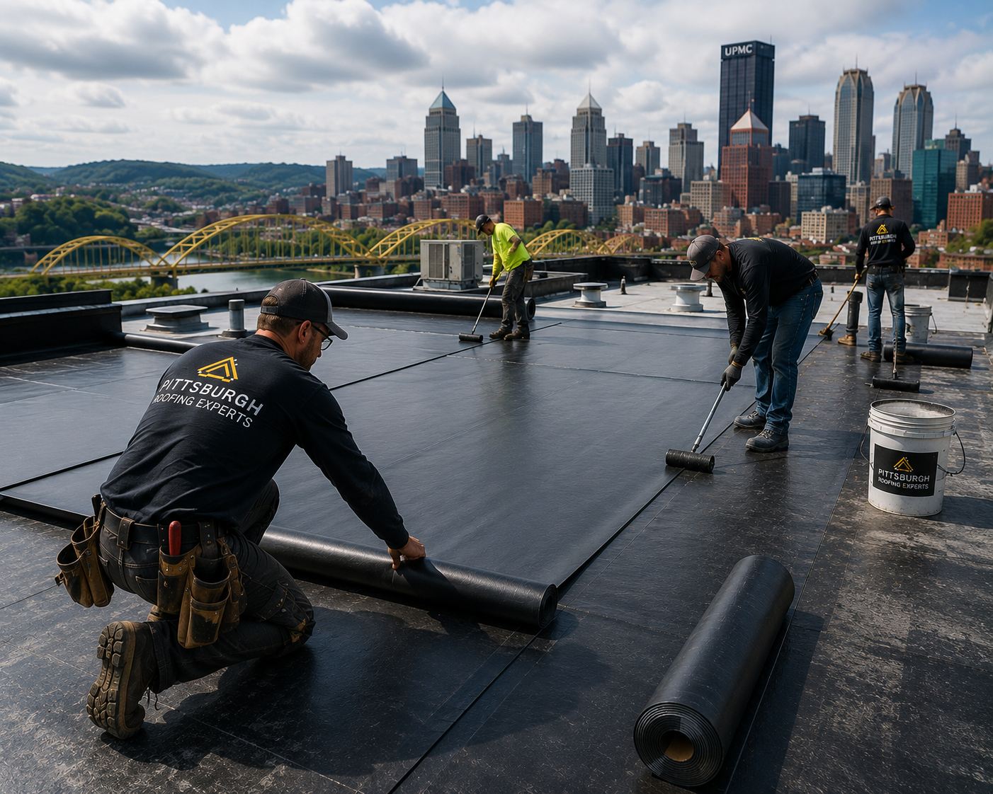 Roofing crew installing EPDM membrane on a commercial flat roof in Pittsburgh