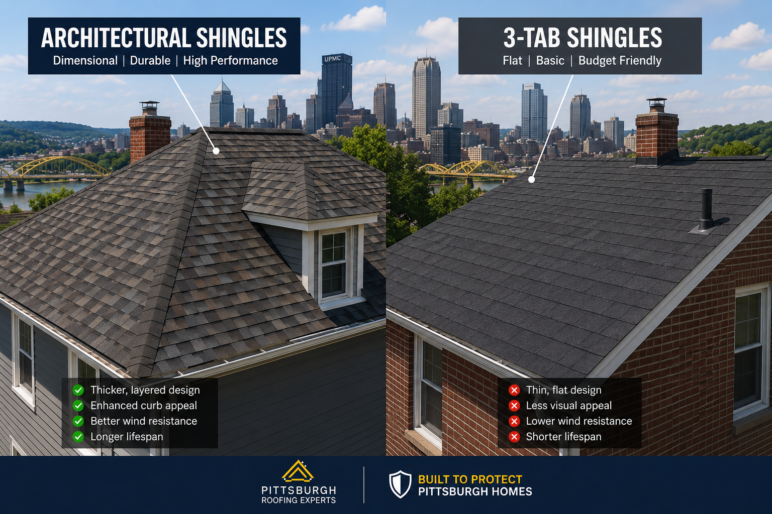 Architectural dimensional shingles compared with flat 3-tab shingles on Pittsburgh homes